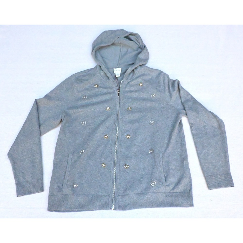 Chicos Zenergy Womens 2/L Cotton Cashmere Grey Hooded Full Zip Sweater Bead NWT